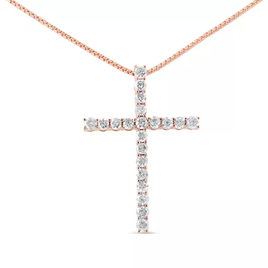 14K Rose Gold Plated .925 Sterling Silver 1.0 Cttw Champagne Diamond Gold Cross Pendant Necklace for Women (Champagne Color, I1-I2 Clarity)- 18 inch