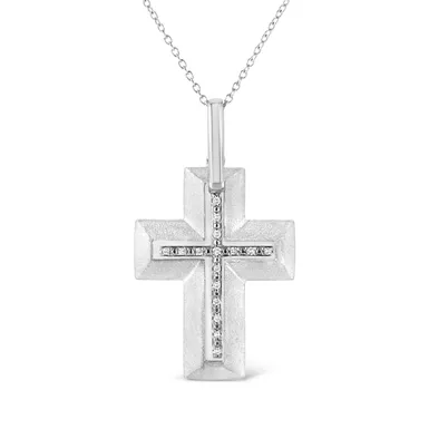 .925 Sterling Silver Prong-Set Diamond Accent Bold Cross 18" Pendant Necklace (I-J Color, I1-I2 Clarity)