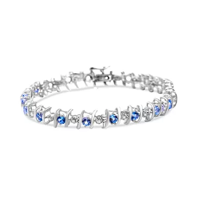 image of .925 Sterling Silver, Lab-Grown Gemstone and 1/6 Cttw Round Diamond Tennis Bracelet (H-I Color, I1-I2 Clarity) - Created Aquamarine, March Birthstone with sku:60-7423waq-luxcom