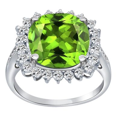 Orchid Jewelry 925 Sterling Silver Simulated Peridot, White Topaz & Diamond Halo Cocktail Ring - Green - 7