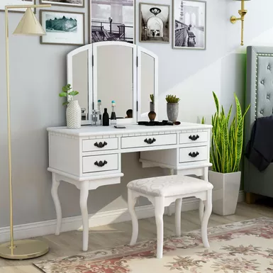 image of Traditional Wood 3-Piece Bedroom Vanity Set in White with sku:idf-dk6405wh-foa