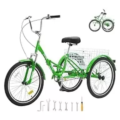 image of VEVOR Folding Adult Tricycle, 20-Inch Adult Folding Trikes, Carbon Steel 3 Wheel Cruiser Bike with Large Basket & Adjustable Seat, Shopping Picnic Foldable Tricycles for Women, Men, Seniors (Green) with sku:b0cz885tjv-amazon