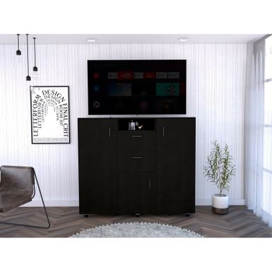image of FM Furniture Sicilia Cabinet Dresser with 3 Doors, 2 Drawers, 6 Inner Shelves, Open Shelf, Hanging Rod, and Caster Wheels - Black with sku:riv5xgprxuq7vp4kgkenhqstd8mu7mbs-overstock