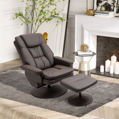 image of HOMCOM Recliner and Ottoman with Wrapped Base, Swivel PU Leather Reclining Chair with Footrest for Living Room - Brown with sku:tho3602ruzsjvjmacqu8zastd8mu7mbs-aos-ovr