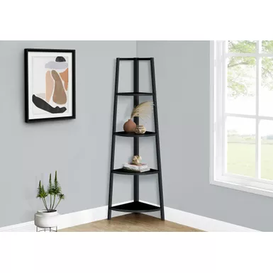 image of Bookshelf/ Bookcase/ Etagere/ Corner/ 4 Tier/ 60"H/ Office/ Bedroom/ Metal/ Laminate/ Black/ Contemporary/ Modern with sku:i-3664-monarch