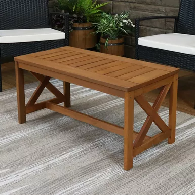 image of Sunnydaze Meranti Wood Outdoor Patio Coffee Table with Teak Oil Finish - 35-Inch - Brown with sku:8ardc7q61gweqkexhmurawstd8mu7mbs-overstock