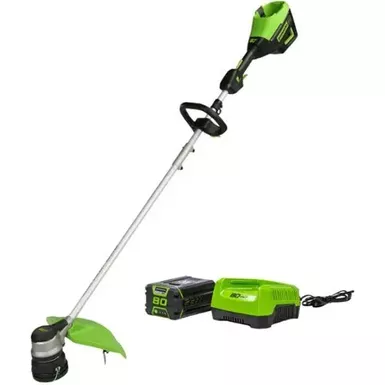 image of Greenworks - 80 Volt 16-Inch Cutting Diameter  Brushless Straight Shaft Grass Trimmer (1 x 2.0Ah Battery and 1 x Charger) - Green with sku:bb22023115-bestbuy