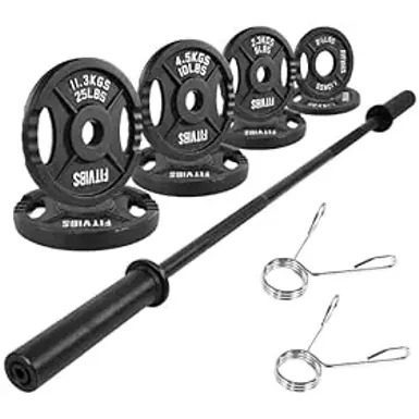 image of Signature Fitness Cast Iron Olympic Weight Plates Including 5FT Olympic Barbell with Locks, 100-Pound Set (85 Pounds Plates + 15 Pounds Barbell) with sku:b0d38c9mw3-amazon