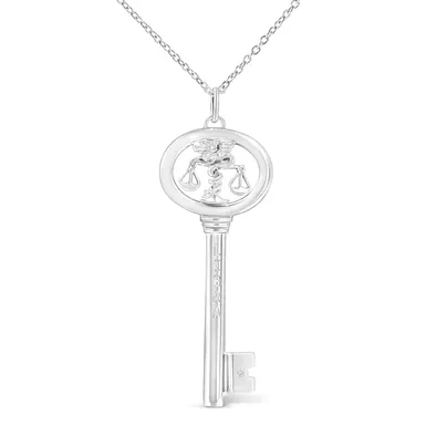 .925 Sterling Silver Diamond Accent Libra Zodiac Key 18" Pendant Necklace (K-L color, I1-I2 clarity)