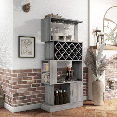 image of DH BASIC Contemporary Dual-Side Access Lattice 11-Bottle Wine Rack and Cabinet by Denhour - Vintage Grey Oak with sku:zy0u0ssii4frrmikvkpaogstd8mu7mbs-overstock