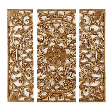 image of Gold Medallion Triptych 3-piece Dimensional Resin Canvas Wall Art Set with sku:mp95c-0185-olliix