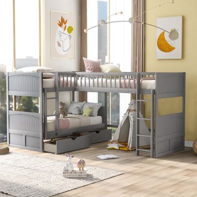 image of Twin Size Bunk Bed with a Loft Bed attached, with Two Drawers - Grey with sku:urvj0vw79l_e7wp3gngueqstd8mu7mbs-mom-ovr