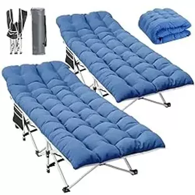 image of YITAHOME 2 Pcs Camping Cots w/Mattress Portable Louge Chair Outdoor Folding Cot Heavy Duty 575 LB Capacity 1200D Oxford w/Carry Bag Travel Camp Bed for Camping, Office, Traveling, Navy Blue with sku:b0cvx3c51s-amazon