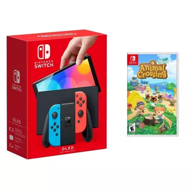 image of Nintendo - Switch OLED Neon (Red/Blue) + Animal Crossing BUNDLE with sku:nswolneamc-floridastategames