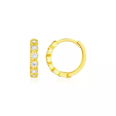 14k Yellow Gold Petite Hoop Earrings with Round Cubic Zirconias