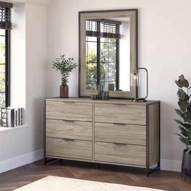 image of Atria 6 Drawer Dresser with Mirror by Bush Furniture - Modern Hickory with sku:irlshrkm6i5fvtzhiehiwastd8mu7mbs-overstock