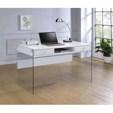 image of Dobrev 2-drawer Writing Desk Glossy White and Clear with sku:800829-coaster