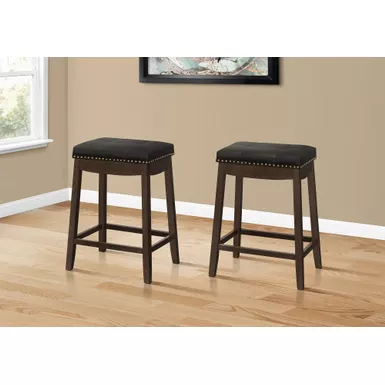 image of Bar Stool/ Set Of 2/ Counter Height/ Saddle Seat/ Kitchen/ Wood/ Pu Leather Look/ Black/ Brown/ Transitional with sku:i-1261-monarch