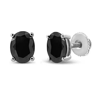 .925 Sterling Silver 1.0 Cttw Prong Set Treated Black Oval Diamond Stud Earring (Black Color, I2-I3 Clarity)