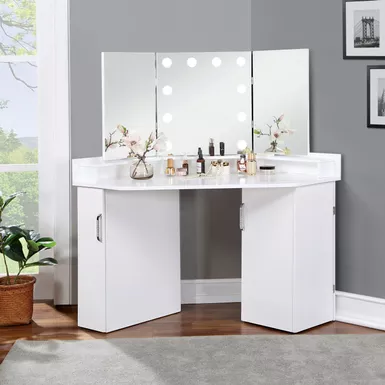 image of Glam White Corner Makeup Vanity Table with Mirror with sku:idf-dk5134wh-foa