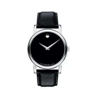 Movado - Mens Museum Classic Silver & Black Textured Leather Strap Watch Black Dial