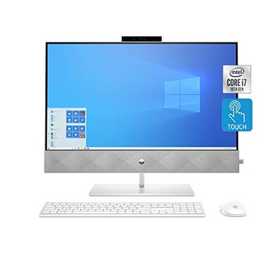 image of HP Pavilion All-in-One 27-inch Computer, Intel Core i7-10700T, Intel UHD Graphics 630, 16 GB RAM, 512 GB SSD, 1 TB HDD, Windows 10 (27-d0072, Snowflake White) with sku:b08bx9cjc2-hp-amz