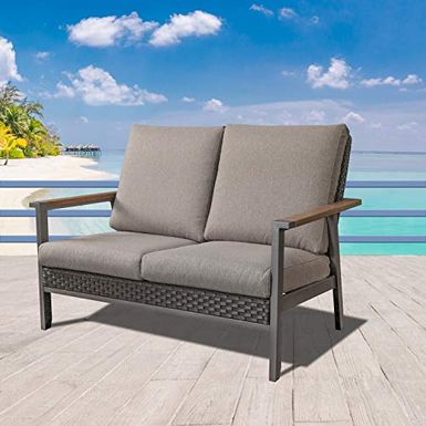 image of LOKATSE HOME Patio Wicker Loveseat Outdoor Rattan Furniture with Removable Thick Beige Cushions Steel Frame for Garden, Yard, Porch, Gray with sku:b08v4vdd2k-lok-amz