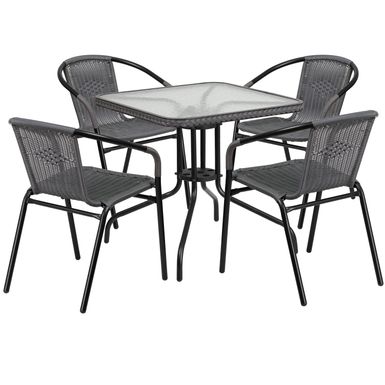 image of Powder-coated Aluminum/ Rattan Lightweight 5-piece Outdoor Dining Set - Clear Top/Gray Rattan with sku:yzwvbibuodhienu4ej5ltqstd8mu7mbs-overstock
