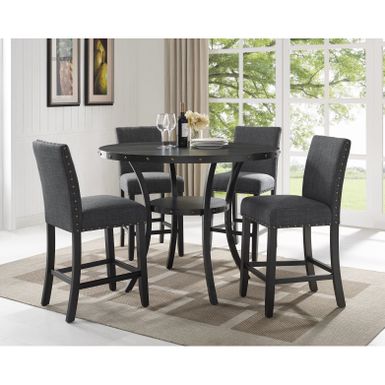 image of Roundhill Furniture Biony Espresso Wood Counter Height Dining Set with Fabric Nailhead Stools - Grey with sku:u3kztdhw-yr2n7d4mtjyjgstd8mu7mbs-overstock
