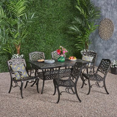 image of Phoenix Outdoor 6-Seater Cast Aluminum Dining Set with Expandable Table by Christopher Knight Home - shiny copper with sku:nnb5a6-qpe0bxuf795d85gstd8mu7mbs-chr-ovr