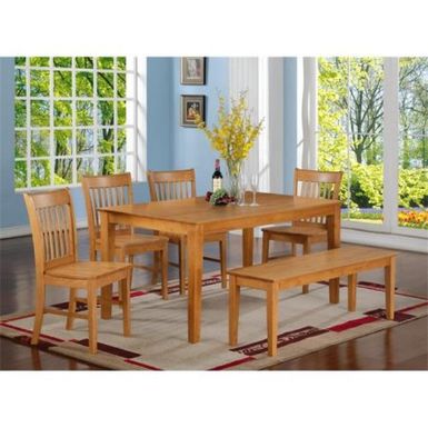 East West Furniture Set with Rectangular Table and 4 Wood Seat Slat Back Chairs and 51-in Long Bench