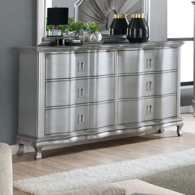 image of Arlen Transitional Silver 62-inch Wide Wood 6-Drawer Dresser by Silver Orchid - Silver with sku:ty1yjqtvu50tub_rmnuk-gstd8mu7mbs-overstock