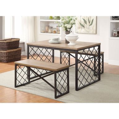 Wood and Metal Dining Set, Light Oak & Gray, 3 Piece Pack