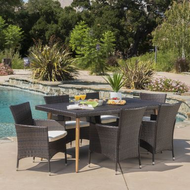 image of Carpinteria Outdoor 7-piece Rectangle Dining Set with Cushions by Christopher Knight Home - Multi-Brown with sku:7lr9gadnrgpoel-xvyb8bwstd8mu7mbs-chr-ovr