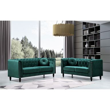 Calvin Classic Velvet Kittleson Nailhead Chesterfield 2-Piece Set-Loveseat and Sofa - Green