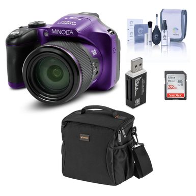 image of Minolta MN67Z 20MP Full HD Wi-Fi Bridge Camera with 67x Optical Zoom, Purple - Bundle With Shoulder Bag, 32GB SDHC Memory Card, Cleaning Kit, Card Reader with sku:imn67zpa-adorama
