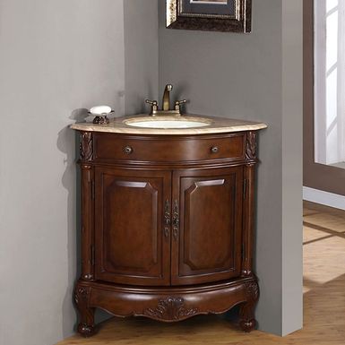 image of Silkroad Exclusive Single Sink 32-inch Travertine Top Corner Sink Vanity Cabinet - White Sink with sku:etmkt4kjjp62fdpbgcuebg-overstock