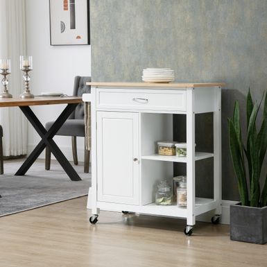 image of HOMCOM Kitchen Trolley, Wood Top Utility Cart on Wheels with Open Shelf and Storage Drawer for Dining Room, Kitchen - White with sku:kp5zmaho8xua7s3kv8tdvgstd8mu7mbs-aos-ovr