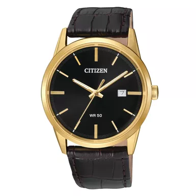 Citizen - Mens Quartz Gold-Tone & Brown Leather Strap Black Dial