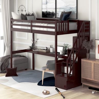 image of Nestfair Twin Size Loft Bed with Staircase and Built-in Desk - Espresso with sku:bf-mcdcem7fahxoqahwa_astd8mu7mbs--ovr