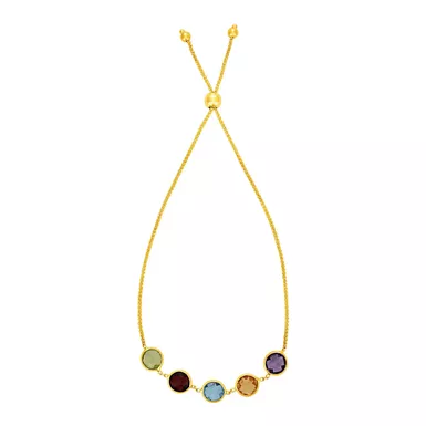 Adjustable Bracelet with Multicolored Large Round Gemstones in 14k Yellow Gold (9.25 Inch)