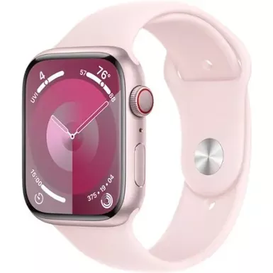 image of Apple Watch Series 9 (GPS + Cellular) 45mm Pink Aluminum Case with Light Pink Sport Band - S/M - Pink with sku:bb22092182-bestbuy