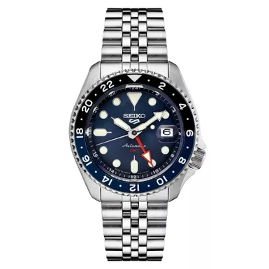 image of Seiko - Mens Seiko 5 Sport SKX GMT Series Silver-Tone Watch Blue Dial with sku:ssk003-electronicexpress