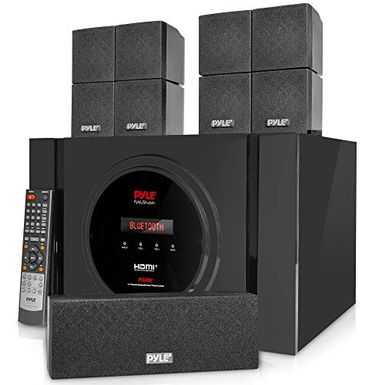 image of 5.1 Channel Amplifier Speaker System - 300W Bluetooth Wireless Surround Sound Home Theater Audio Stereo Power Receiver Box Set w/Built-in Subwoofer, 5 Speakers, Remote, FM Radio, RCA - Pyle PT589BT.5 with sku:b096yhwfq2-pyl-amz