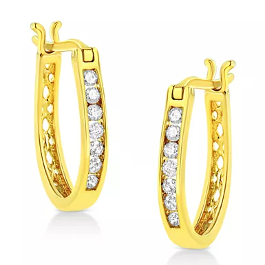 14K Yellow Gold Plated .925 Sterling Silver 1/4 Cttw Diamond Leverback 3/4" Inch Hoop Earrings (K-L Color, I2-I3 Clarity)