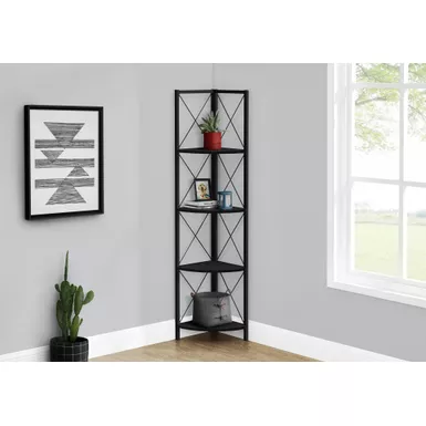 image of Bookshelf/ Bookcase/ Etagere/ Corner/ 4 Tier/ 60"H/ Office/ Bedroom/ Metal/ Laminate/ Black/ Contemporary/ Modern with sku:i-3649-monarch