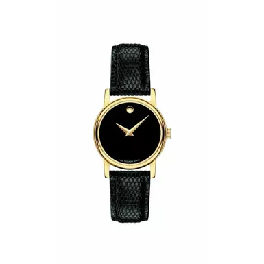 image of Movado - Ladies Museum Classic Gold & Black Textured Leather Strap Watch Black Dial with sku:2100006-powersales