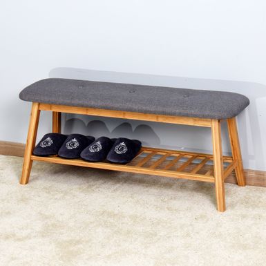 image of Nestfair Natural Bamboo Bench with Shoe Rack - Bamboo - Fabric - Natural with sku:iopfwvf7t9vdvhr5w5oydqstd8mu7mbs--ovr