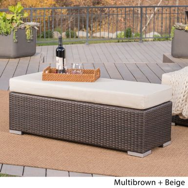 image of Santa Rosa Outdoor Wicker Bench with Cushion by Christopher Knight Home - Brown with sku:chb-5pvbl5qumdzgmr-clwstd8mu7mbs-overstock