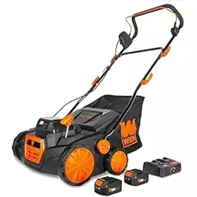 image of WEN 20V Max Cordless Brushless Electric Dethatcher and Scarifier, 15-Inch 2-in-1 with Collection Bag (20716) with sku:b0cjt4zvmp-amazon